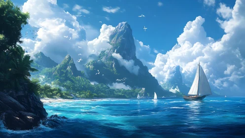 Sapphire-sailed escape beneath cloud-cradled emerald peaks.