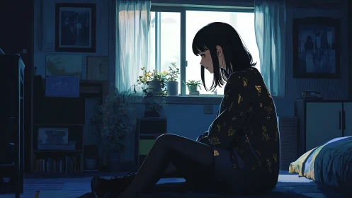 Young woman sitting alone in a dim blue bedroom.