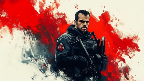 Armored soldier confronts viewer amid abstract red impacts