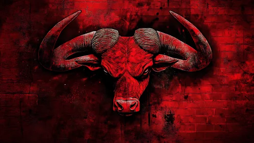 Bull head illustration dominates textured red abstract wall