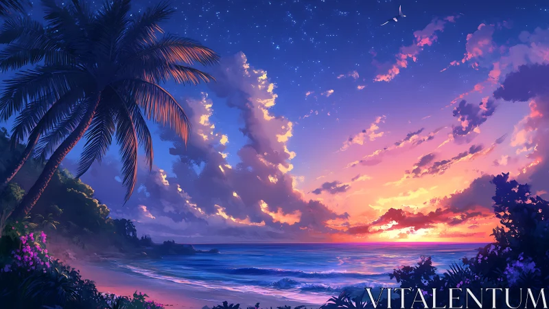 Soft tropical sunset sky glows gently above a calm shore