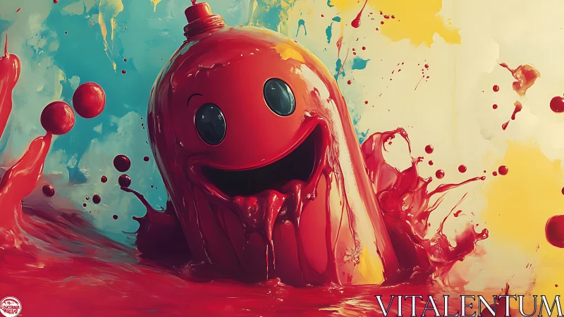 Joyful red paint creature splashing through bright color chaos.