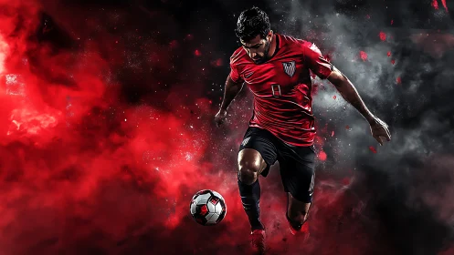 Stormstriking striker carving fire through smoky stadium night.