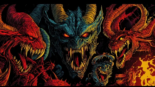 Triadic demonic visages erupt in high-contrast comic linework