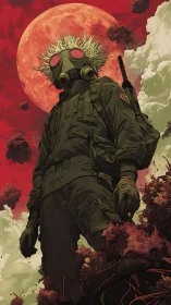 Gas-masked wanderer stands under red apocalyptic moon