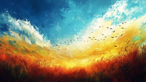 Vibrant impressionistic sky over wind swept autumn grassland