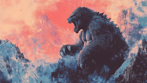 Giant creature in frozen mountain landscape, stylized rendering.