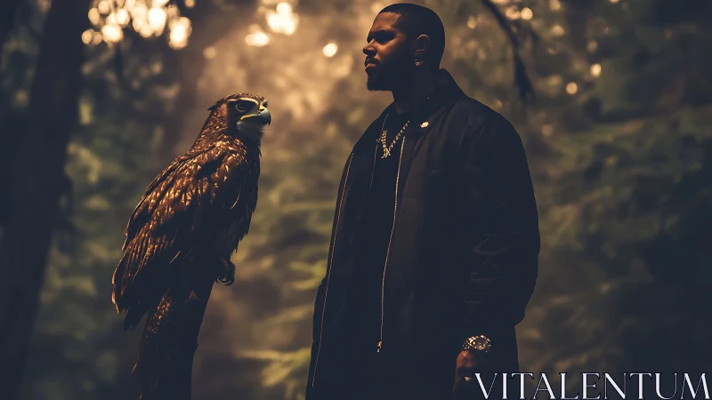 Man and Hawk in Dramatic Forest Light, Cinematic Portrait Style.