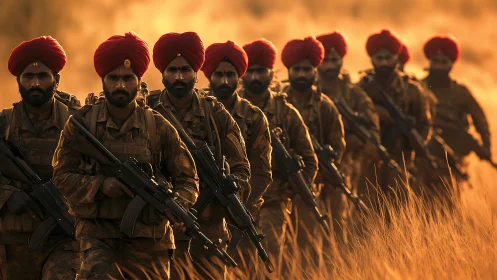 Scarlet turbans advance through sunset brass fields.