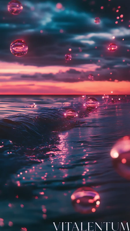 Neon spheres drift above twilight ocean waves at dusk.