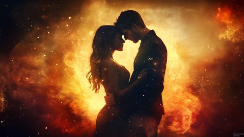 Silhouetted Couple in Golden Incandescent Fire Aura. Passion.