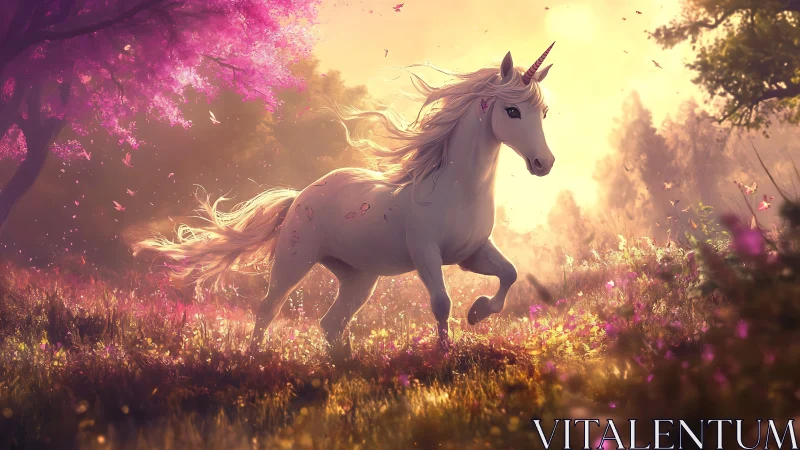 White unicorn running through glowing pink forest meadow.