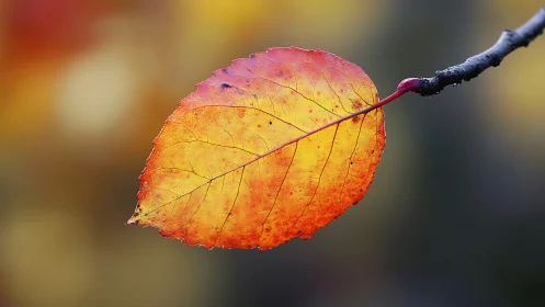 Single autumn leaf with warm backlight on blurred branch.
