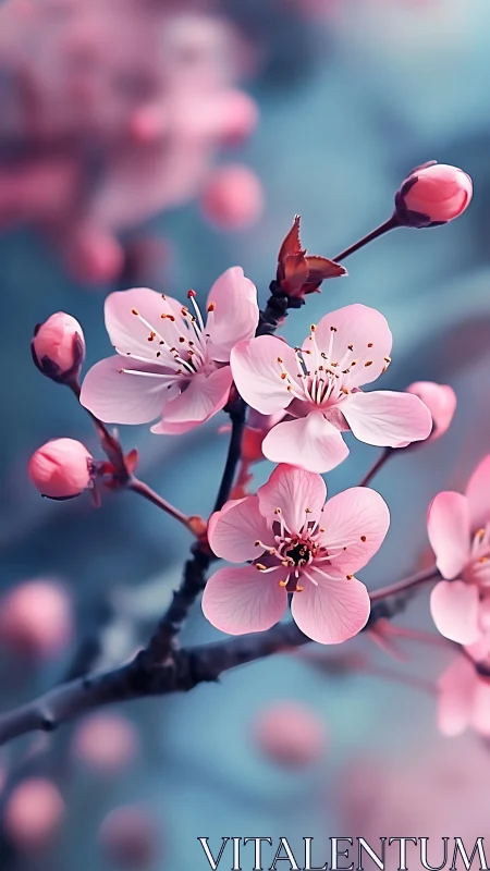 Pink Cherry Blossoms Branch Against Blue Background