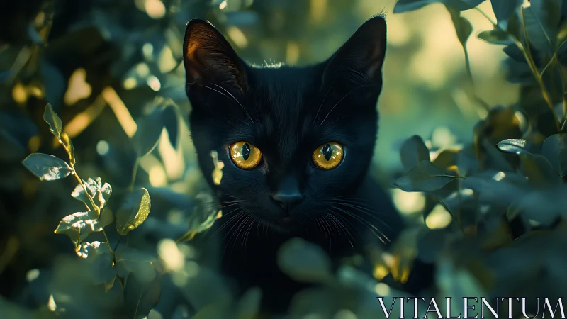 Black Cat Portrait with Golden Eyes in Lush Foliage.