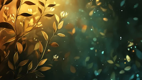 Golden leaves illuminated against teal bokeh background.