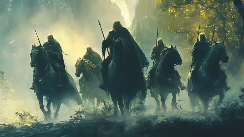 Armored cavalry patrol advancing through spectral forest mist.