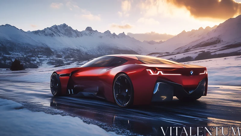 Futuristic red BMW concept hypercar on frozen alpine mountain pass