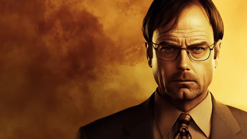 Middle-aged man in suit stares forward against orange clouds