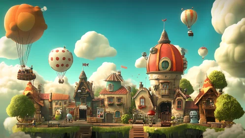 Floating village scene shows whimsical houses and airships