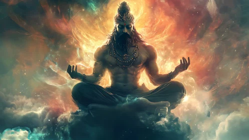 Mythic ascetic in luminescent cosmic meditation field.