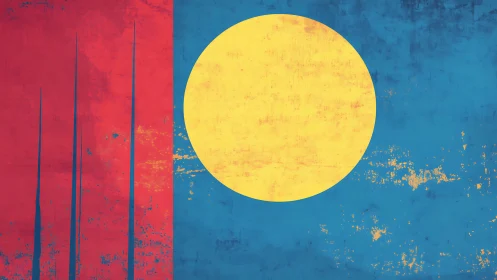 Textured geometric flag abstraction with circular focal field.