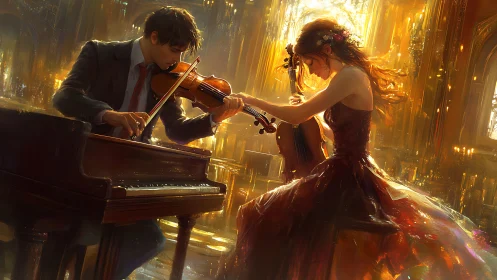 Golden duet of piano and violin in a glowing evening hall.