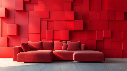 Modern Red Sectional Sofa Against Bold Geometric Wall.