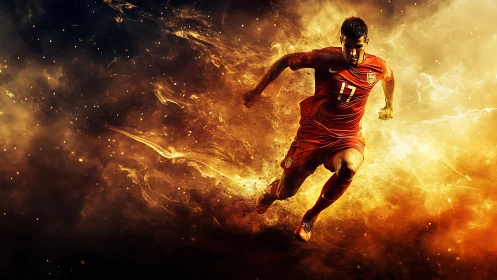 Blazing soccer runner bursts forward in a storm of energy