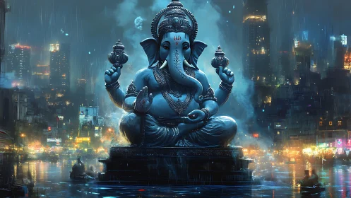 Cyberpunk Ganesha deity towering over neon rainy cityscape.