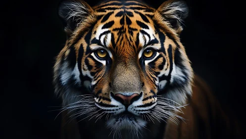 Low-key frontal tiger portrait with high-contrast stripe geometry.