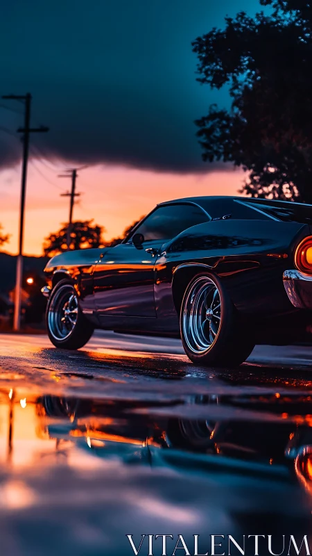 Chrome prowl at neon dusk with muscle car reflections humming.