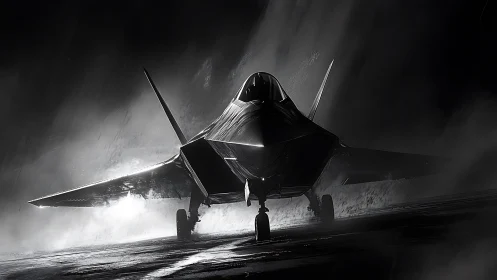Stealth jet waits on wet runway under dramatic backlight.