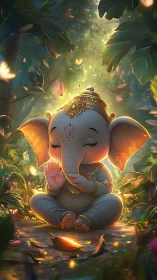 Cute baby Ganesha meditating in glowing jungle scene.