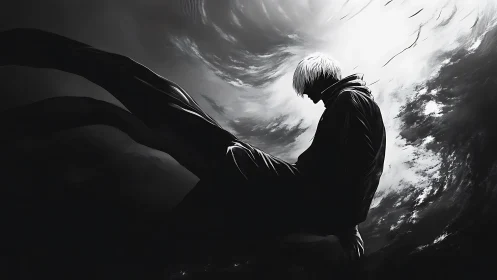 Stormlit silhouette drifts in a monochrome vortex of quiet power