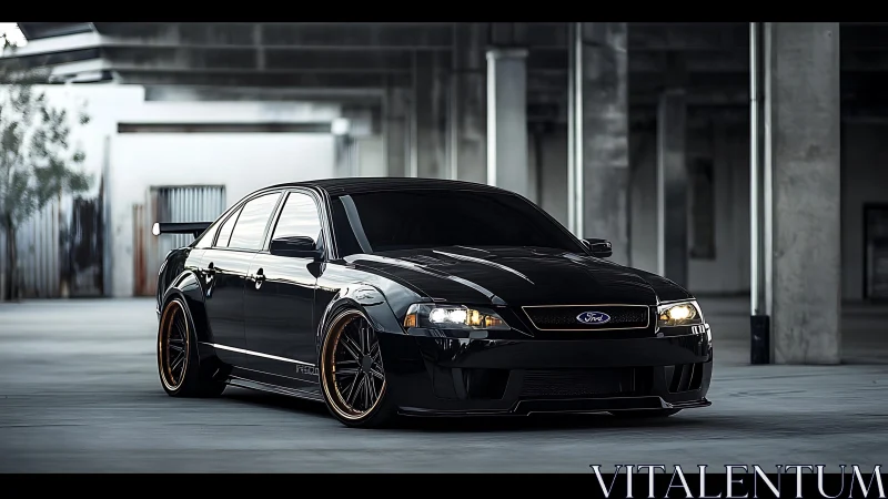 Black modified Ford sedan parked in an empty concrete garage