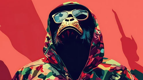 Streetwise chimp portrait in bold camo vector colors.