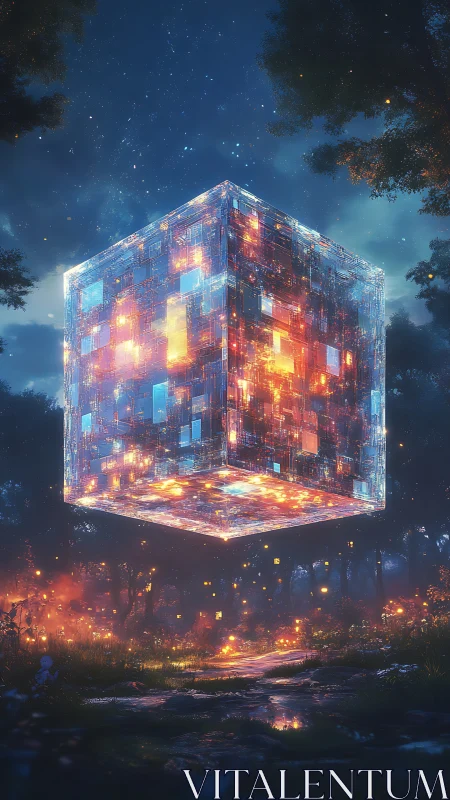 High-detail luminous data cube levitates above a misty forest