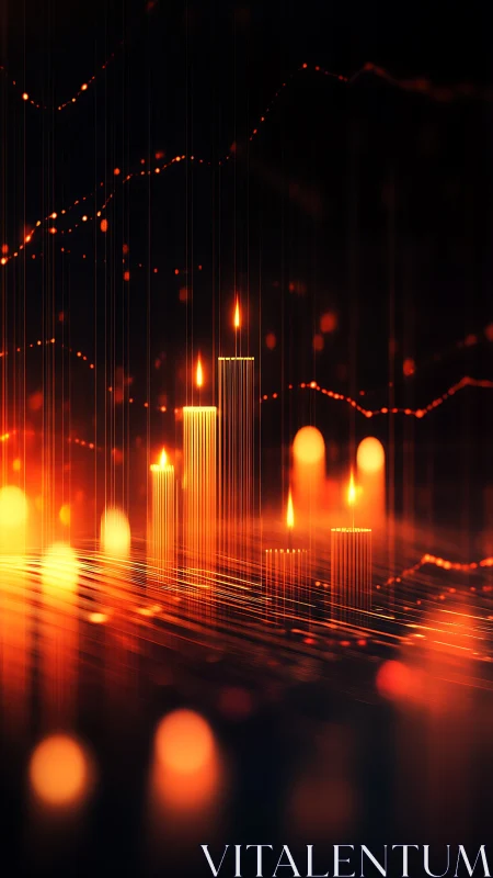 Luminous trading candles amid abstract market streams.