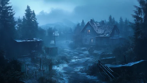 Rural house and dirt road in misty blue night landscape.