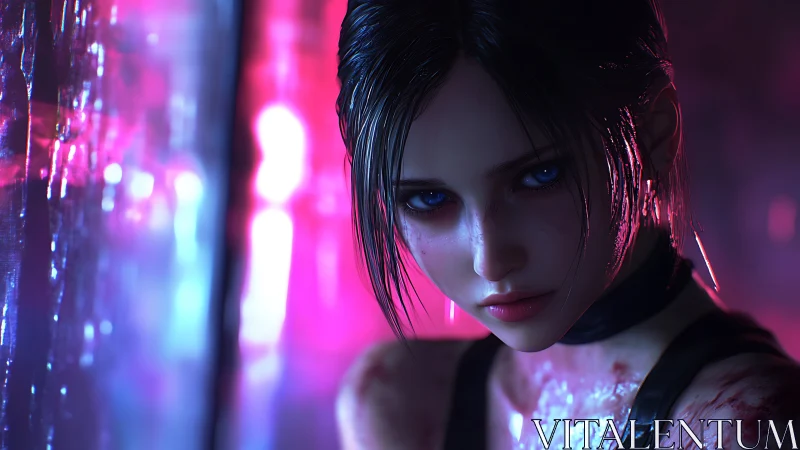 Digital portrait shows wet character against neon backdrop