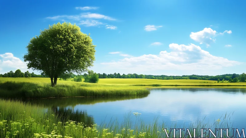 Lone tree reflects over calm summer lake under blue sky.