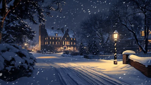 Nocturnal snowfield enclosing brick manor under lamplight glow.