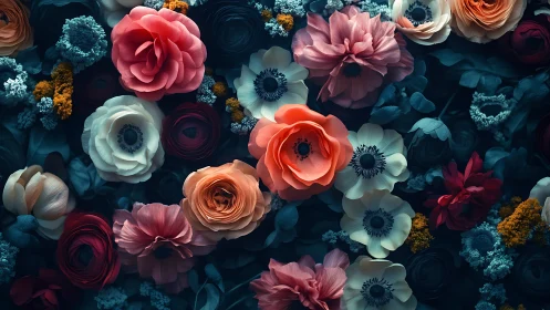 Botanical Harmony: Layered Florals Dance Above Moody Teal Terrain