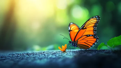Orange butterfly on small flower over textured surface.
