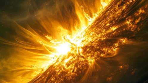 Solar wildfire pirouettes across space in molten golden arcs
