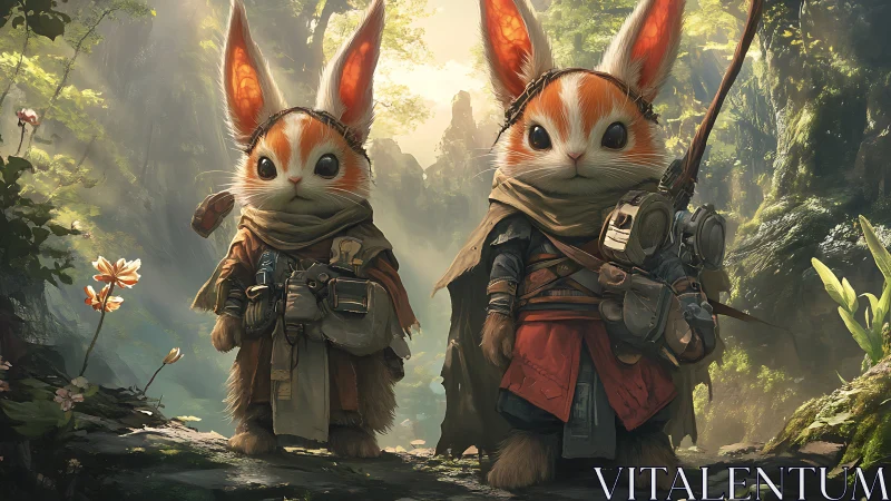 Forest explorer rabbits in tactical cloaks and gear.