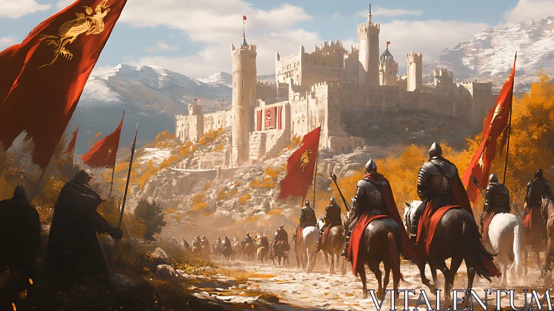 Crimson banners ride toward a sunlit mountain fortress.