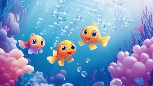Smiling cartoon goldfish swimming in bright coral reef.