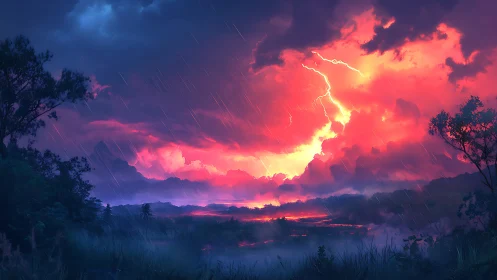 Stormlit valley sky burns with vivid electric sunset glow.